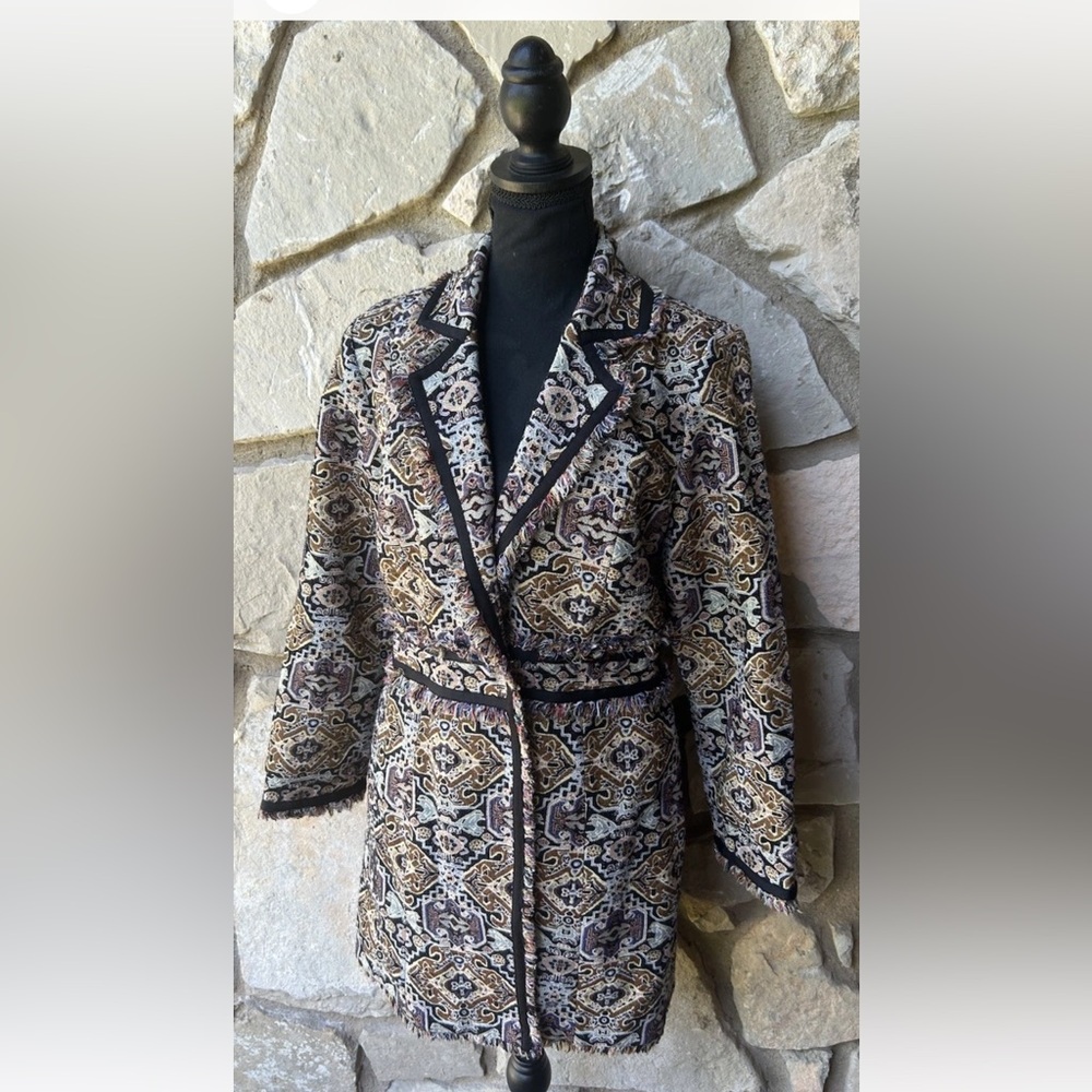 Chico's Tapestry Jacket Size 1(M) Black Brown Multi‎ Metallic Accents Fringe EC